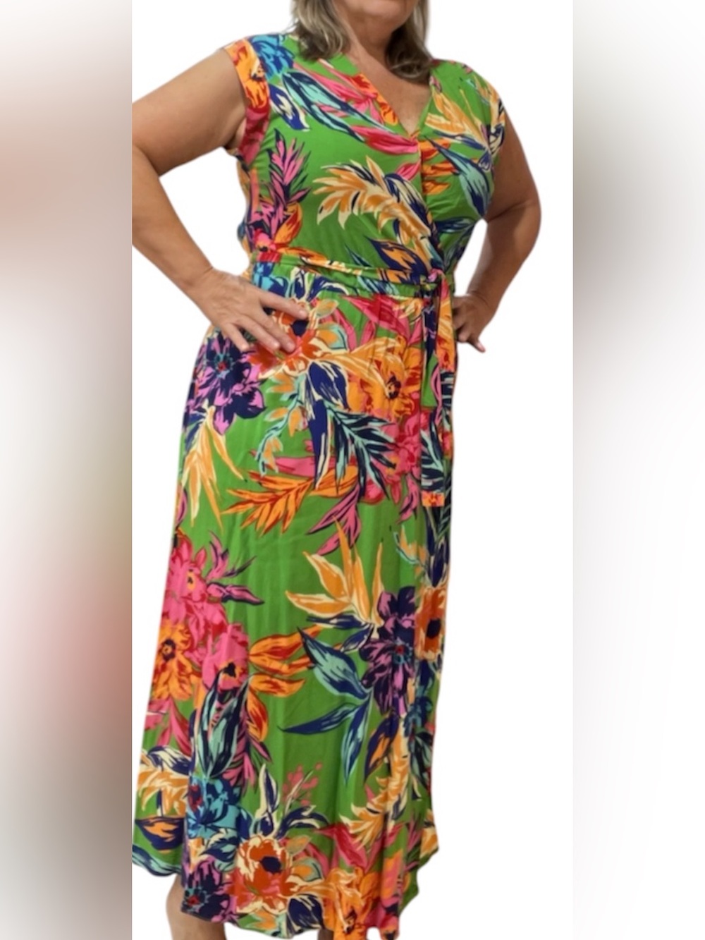 🍉 MSK Vivid Floral Wrap Midi Dress in Green with Multicolor Print